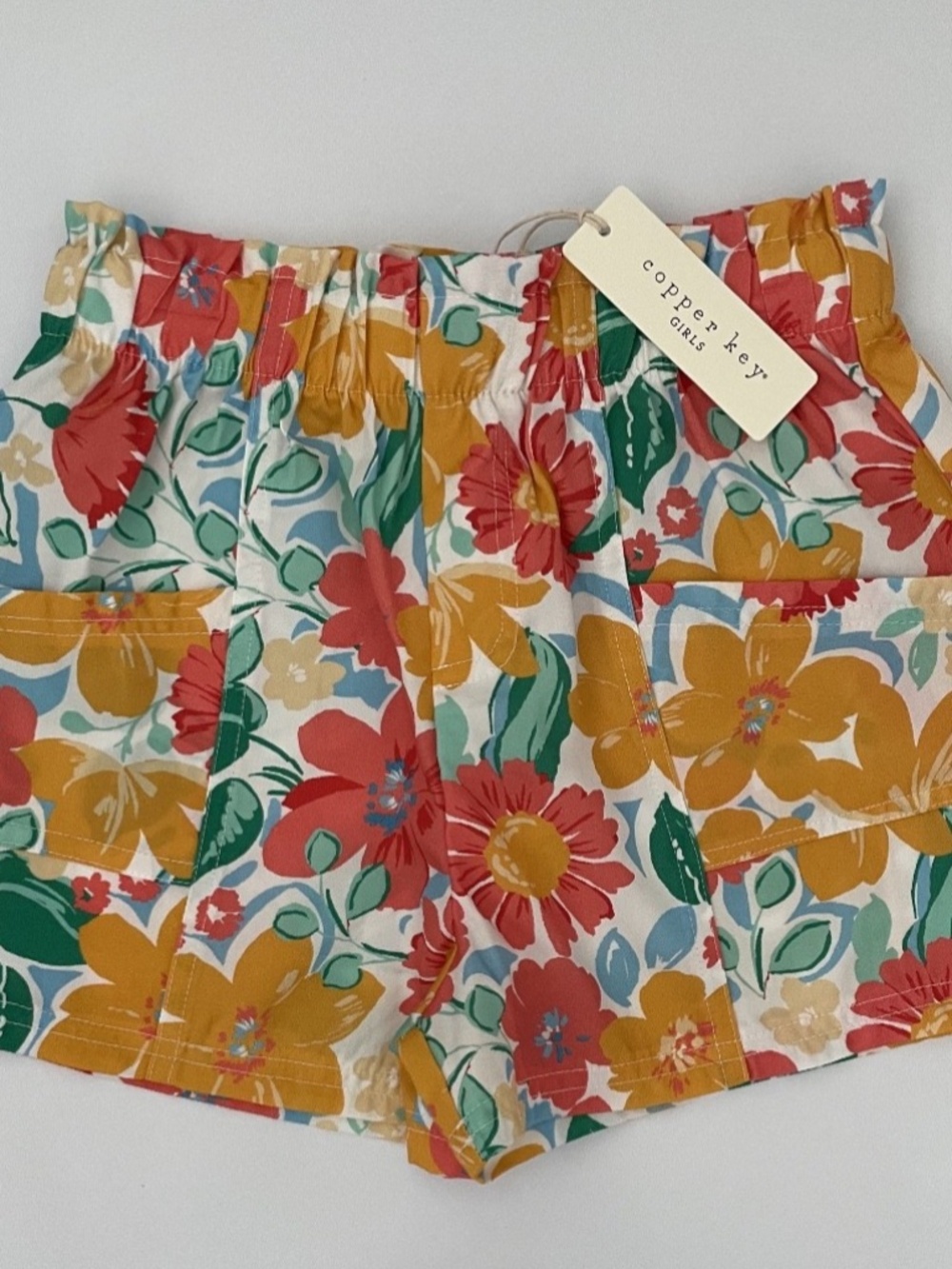 Copper Key Girl's Shorts - Elastic Waist & Pockets w/Bright Flower - Sz M (8-10)